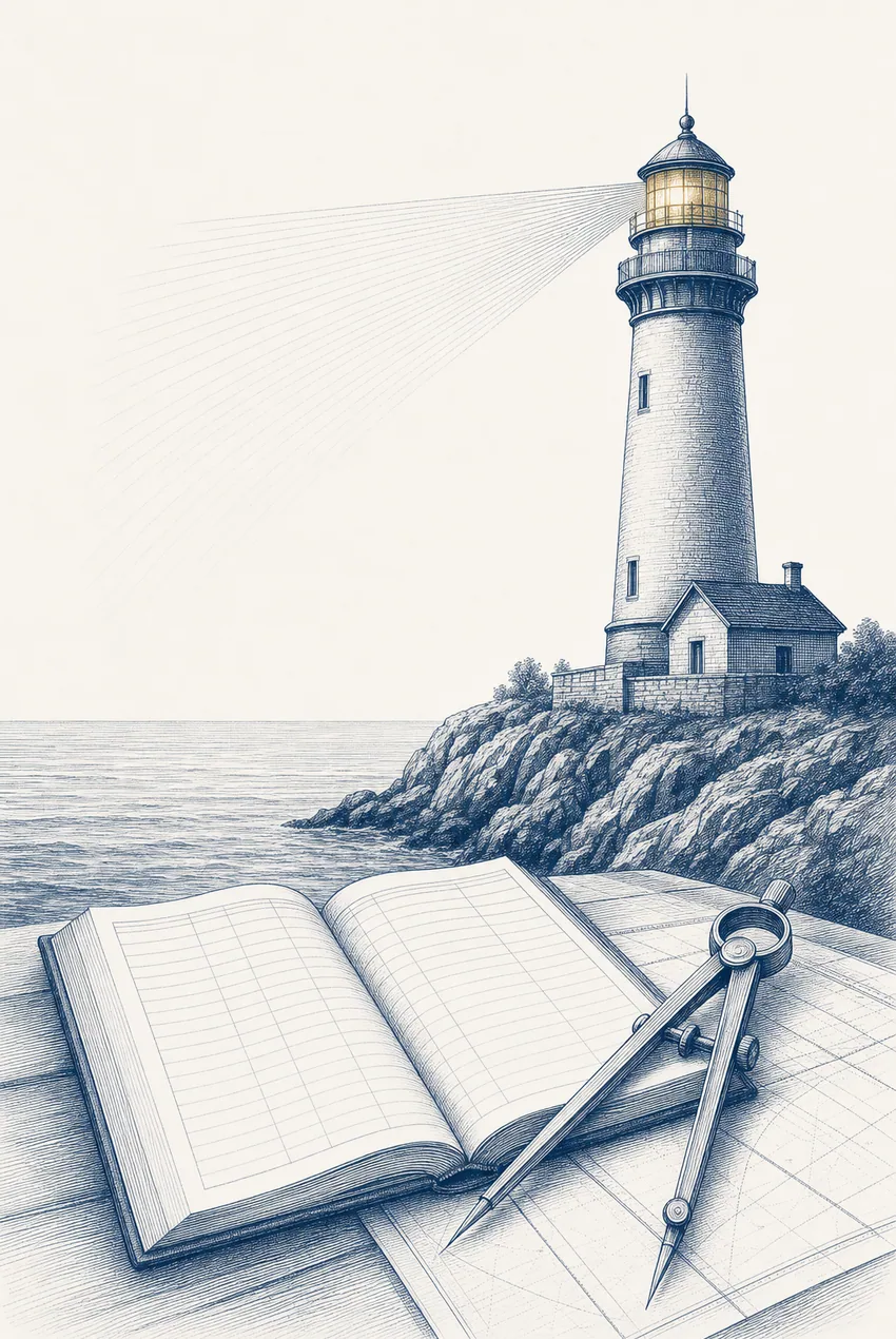 Engraved illustration of a lighthouse beam crossing an open ledger and a compass on ivory paper