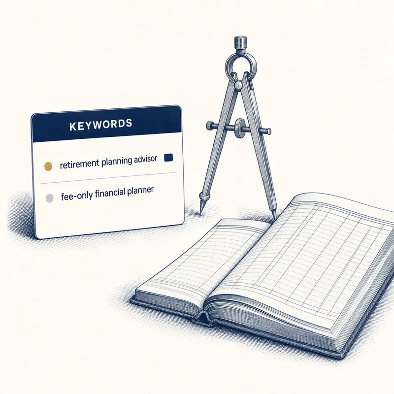 Engraved illustration of a keyword research card listing retirement planning searches beside a compass and an open ledger