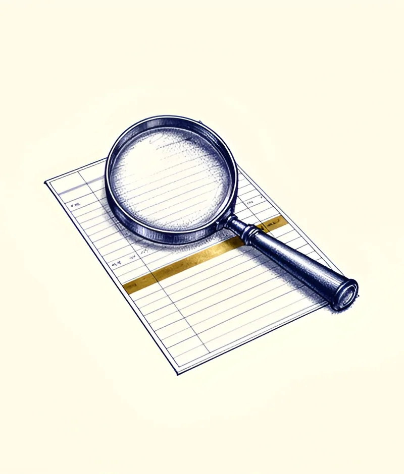 Engraved illustration of a magnifying lens over a ledger page with a single brass-marked line