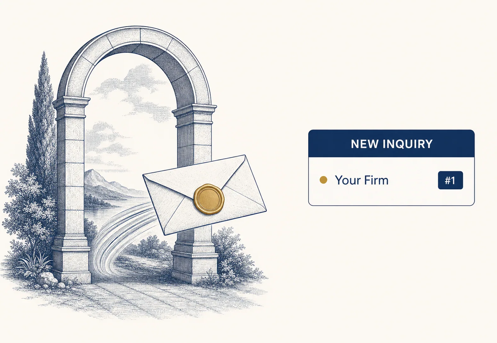 Engraved illustration of a single letter arriving through an arched doorway beside a results card ranking an advisory firm first and a notification card showing one new inquiry