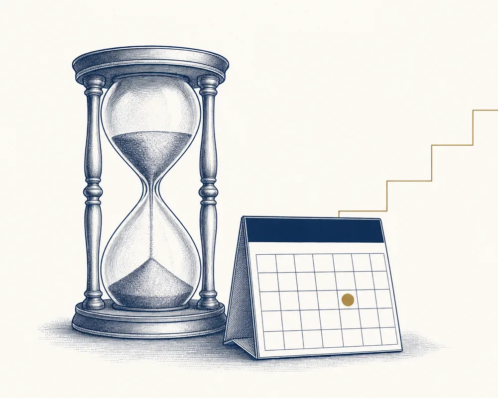 Engraved illustration of an hourglass and a calendar card beside a rising line that ends in a brass dot