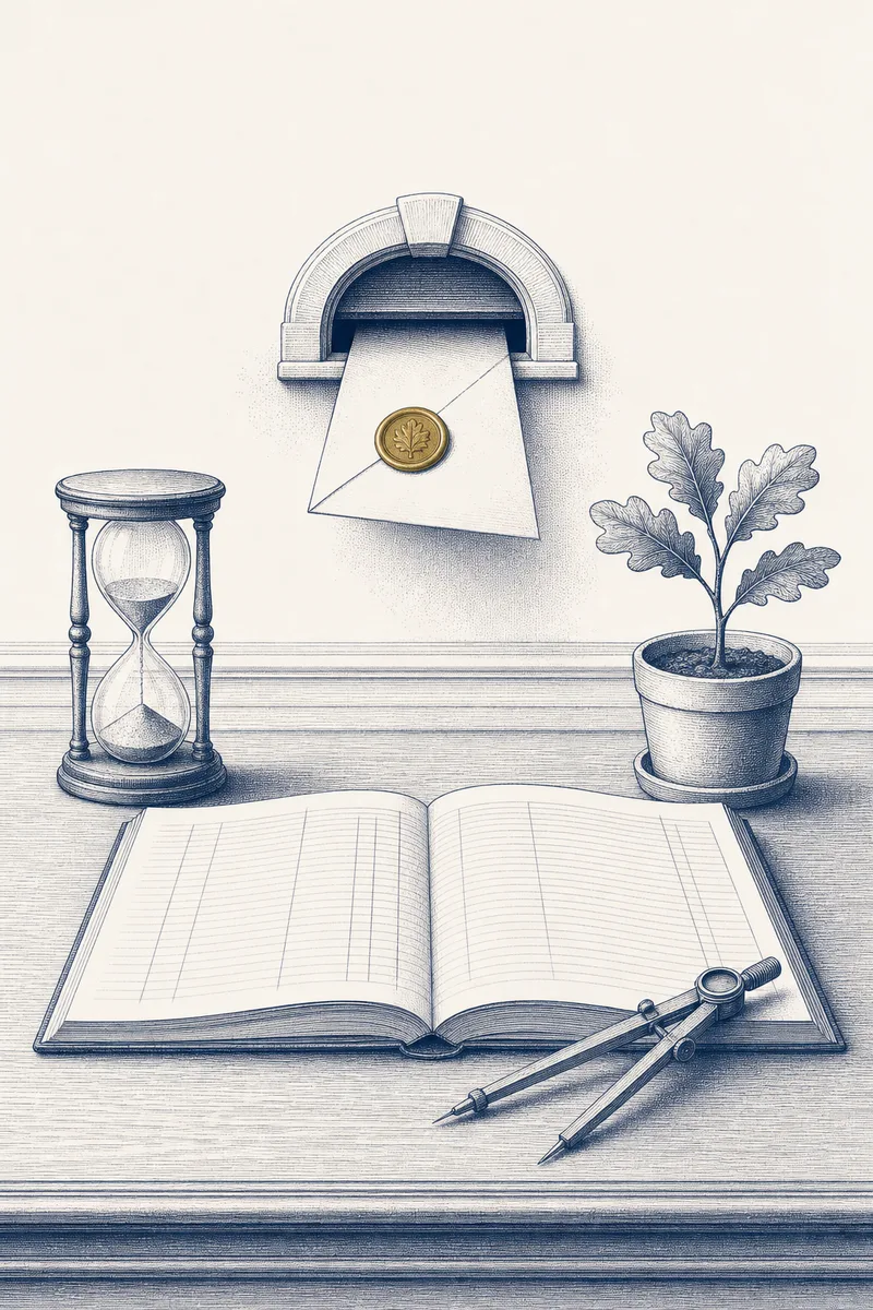 Engraved illustration of an orderly desk with an open ledger, a compass, and an inquiry card arriving through an arch