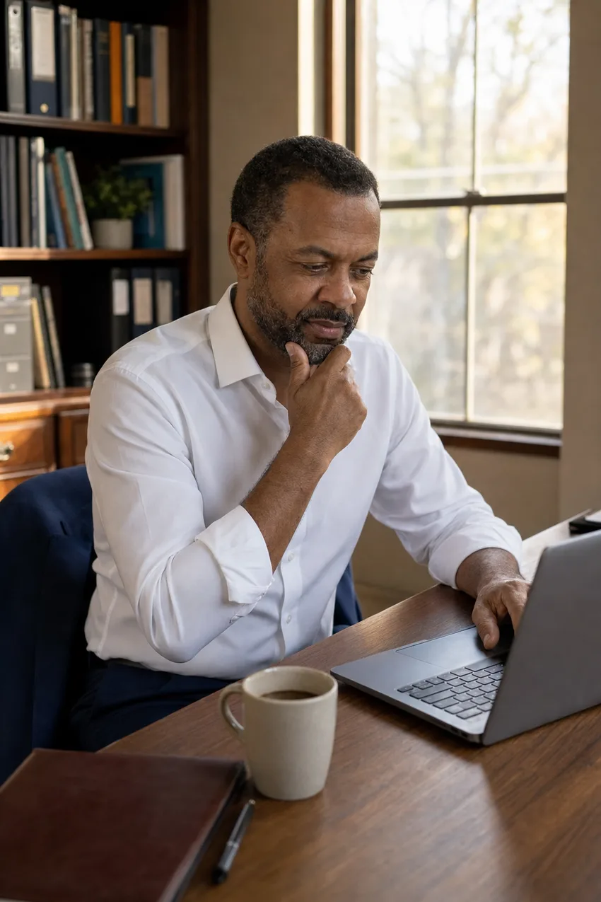 Financial advisor at his office desk, hand at his chin, reading his laptop