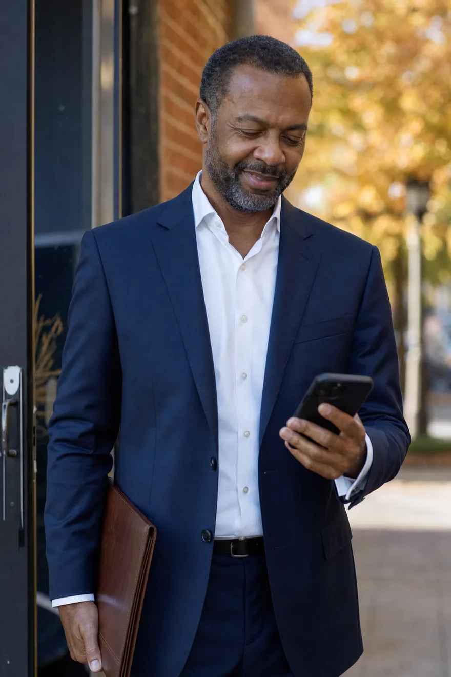 Independent financial advisor stepping out of his office and smiling at his phone
