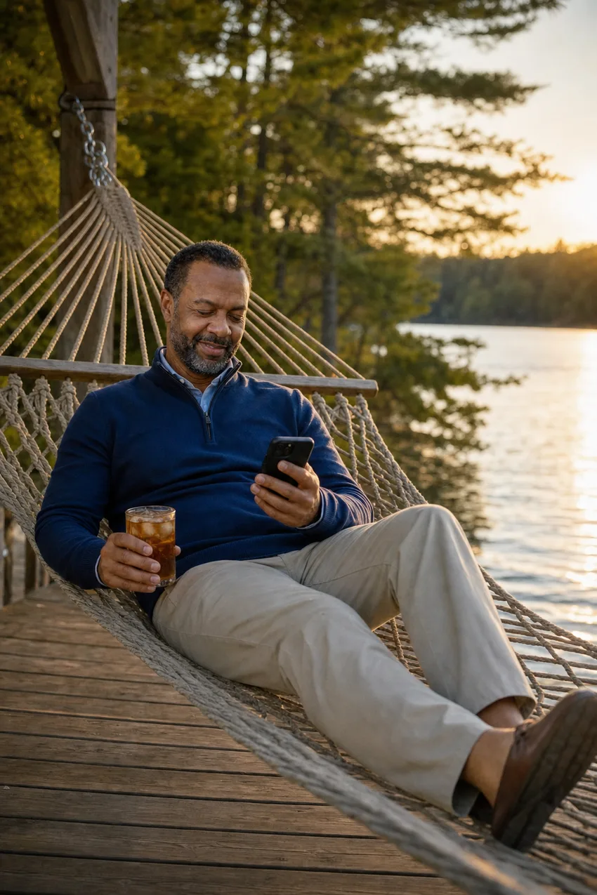 Financial advisor relaxing in a hammock on a lake dock at sunset, checking his phone