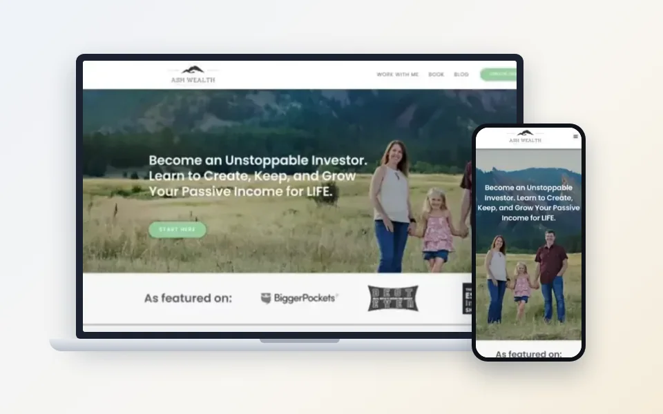 The Ash Wealth website as we built it, shown in our portfolio mockup.