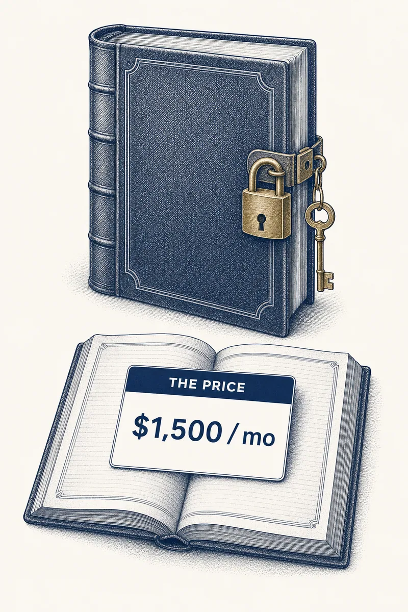 Engraved illustration of a closed ledger with a brass key beside an open one showing a single price card
