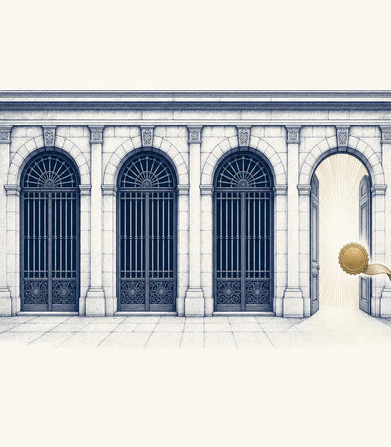 Engraved illustration of one letter passing through a single arched doorway while three other doorways stay closed