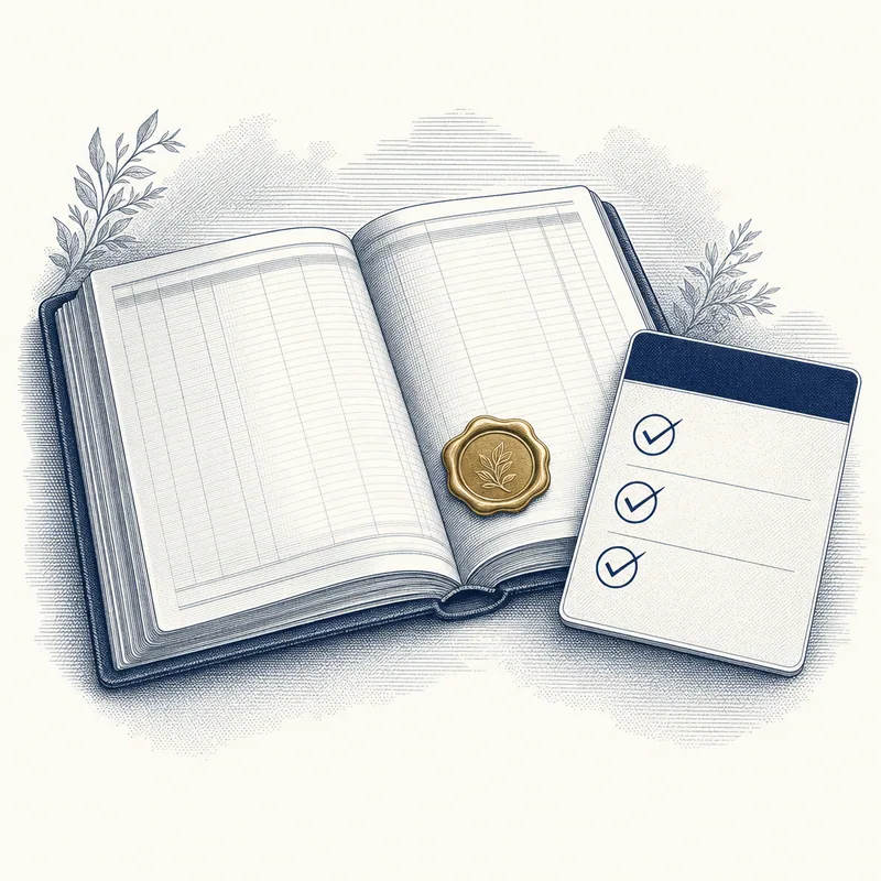 Engraved illustration of an open ledger with a brass seal and a checklist card