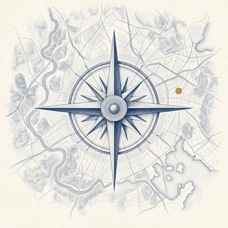 Engraved illustration of a compass rose over a map with one metro area marked by a brass dot