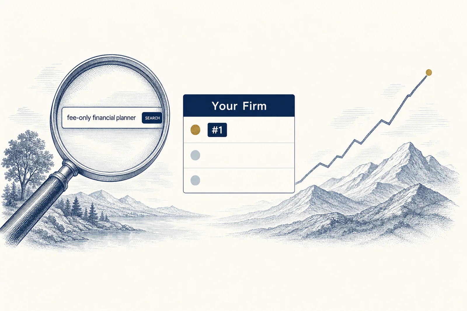 Engraved illustration of a magnifying lens over a search for a fee-only financial planner, a results card ranking an advisory firm first, and a rising line ending in a brass dot