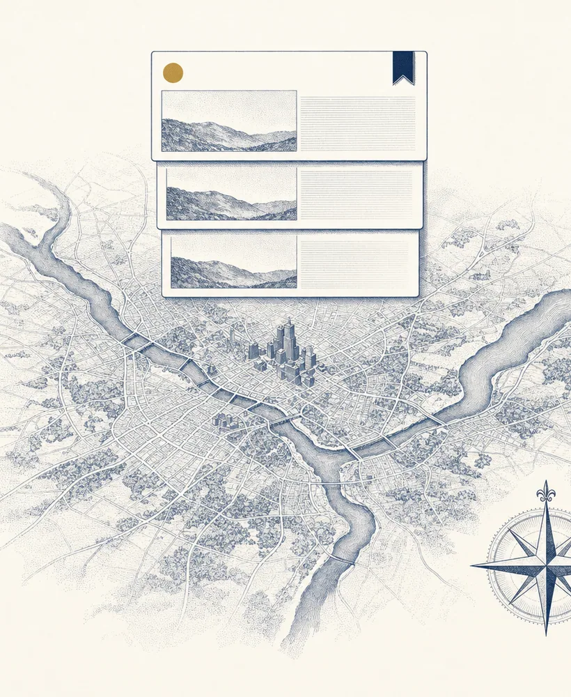 Engraved illustration of a map with three listing cards stacked above it, the first marked with a brass dot