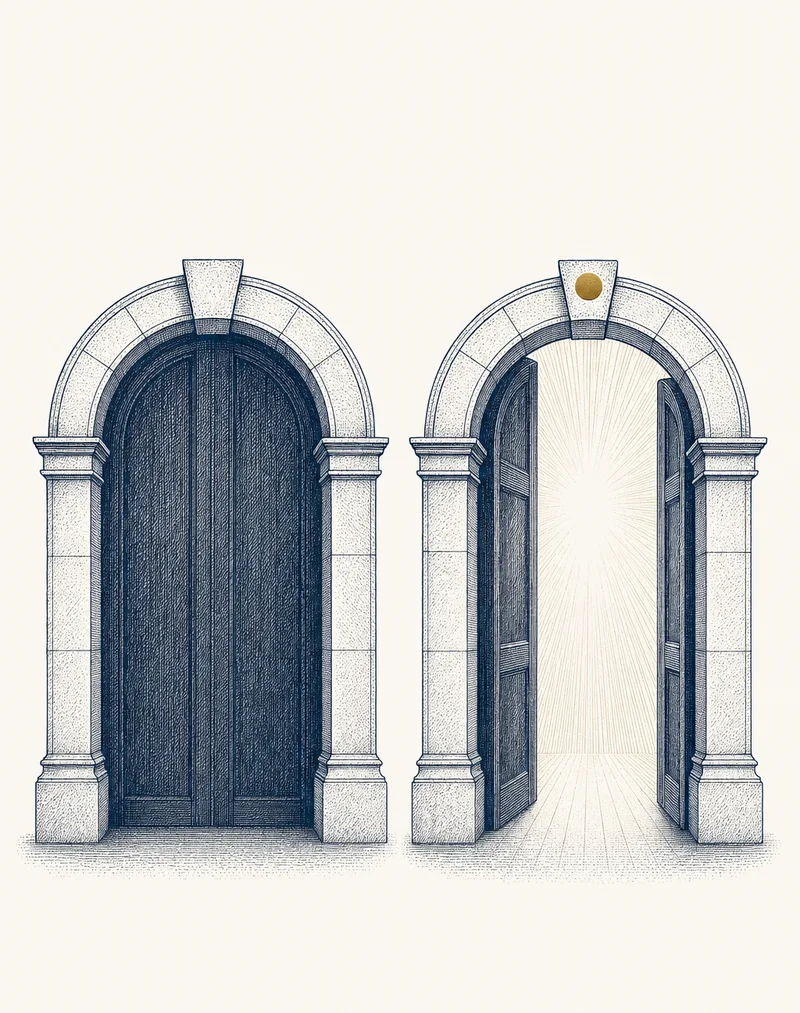 Engraved illustration of two arched doorways: one closed and dark, one open and lit with a brass dot above its keystone