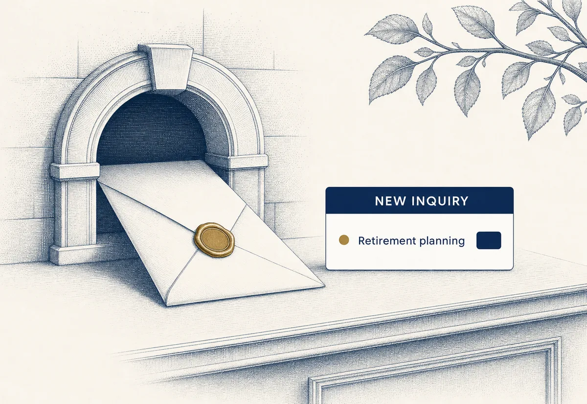 Engraved illustration of a single letter arriving through an arched doorway with an inquiry card showing one prospect